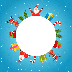 Fototapeta na wymiar Christmas Card with Santa Claus, Deer, Traditional Elements
