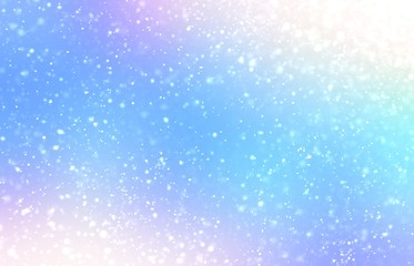 Winter fairy tale decoration. Snow transparent blurred texture. Abstract spectrum light background. Blue pink lilac white bright gradient.