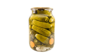 jar with pickled cucumbers isolated on a white background.