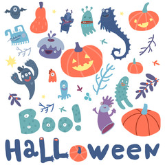 Seamless pattern sketches pumpkin ghosts monsters at a halloween party