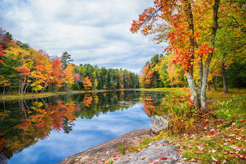 Fall foliage colors reflected in still lake water on a beautiful autumn day in New England - 298213376