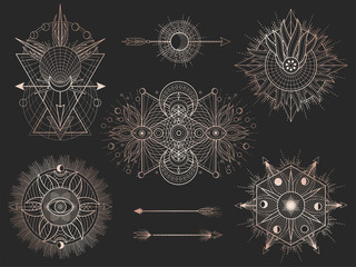 Vector set of Sacred geometric symbols and figures on black background. Abstract mystic signs collection.