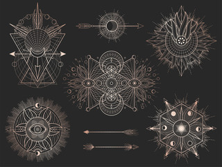 Vector set of Sacred geometric symbols and figures on black background. Abstract mystic signs collection.