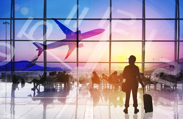 Double exposure clock with silhouettes passenger  transit at the airport terminal. Airline travel...
