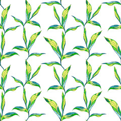 Seamless pattern with leaves on a pure white background. Endless repeating print. Watercolor texture, batik style.