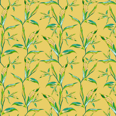 Seamless pattern with leaves on a light brown background. Endless repeating print. Watercolor texture, batik style.