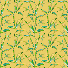 Seamless pattern with leaves on a light brown background. Endless repeating print. Watercolor texture, batik style.