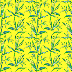 Seamless pattern with leaves on a bright yellow background. Endless repeating print. Watercolor texture, batik style.