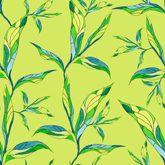 Seamless pattern with leaves on a grassy green background. Endless repeating print. Watercolor texture, batik style.