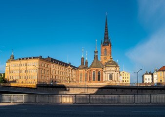 View of the island of Riddarholmen with Riddarholm Church in the morning light. The old part of Stockholm, Sweden.