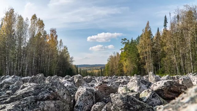 Timelapse at Taganay National Park in Russia in Autumn. "Big Stone River", Biggest Deposit Occurrence of Aventurine Quartz