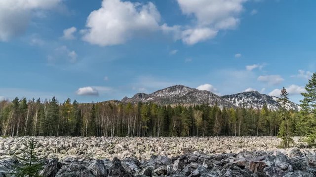 Timelapse at Taganay National Park in Russia in Autumn. "Big Stone River", Biggest Deposit Occurrence of Aventurine Quartz