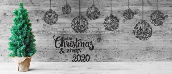 Brown Wooden Background WIth English Calligraphy Merry Christmas And A Happy 2020. Christmas Tree And Illustrated Decoration Like Ball. Black And White Look