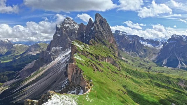 Areal view of Seceda in Dolomites with blue sky