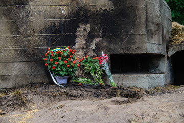Basket with roses laid around a charred embrasure. DOT (long-term defensive point). Defensive pillbox number 401 near Kiev. The turn of defense in July 1941. Bilogorodka. Kiev. Ukraine. June 23, 2019