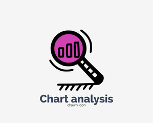 Hand drawn doodle chart analysis concept, magnifier with graph icon design