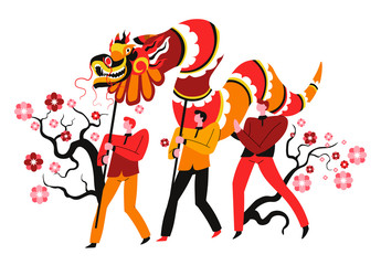 Fire dragon and male characters, Chinese festival and New Year