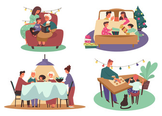 Family Christmas activity, winter holidays celebration, isolated icons