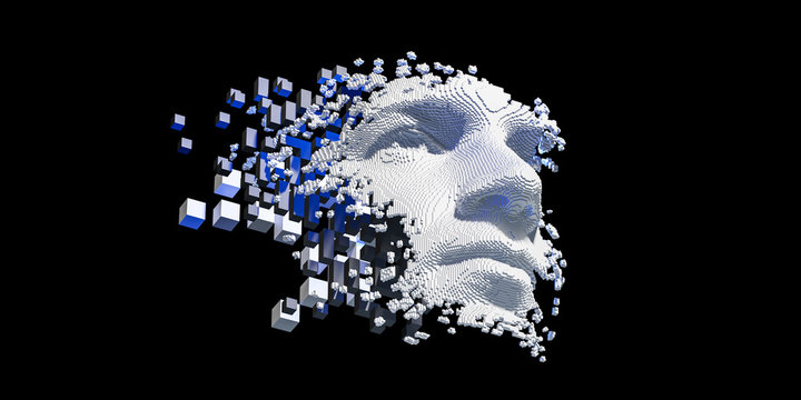 Abstract digital human face.  Artificial intelligence concept of big data or cyber security. 3D illustration 