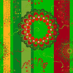 New Year seamless pattern. Green, red and gold - snowflakes, lace round patterns on a background of vertical stripes. Greeting card, gift, christmas, vacation. Christmas wreath.