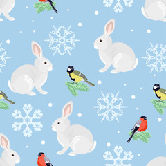 Christmas seamless pattern. Hare, bullfinch, tit on fir branches and snowflakes. Cute animal and bird on blue background. Vector illustration in cartoon simple flat style. New Year winter decoration.