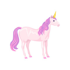 Fototapeta premium Unicorn horse isolated on a white background. Cute fairytale character in pink color. Vector illustration in cartoon simple flat style.