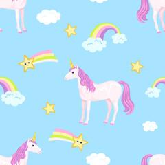 Obraz na płótnie Canvas Seamless pattern with unicorns, stars, rainbow and clouds on blue background. Vector kid illustration of cute characters in cartoon simple flat style.