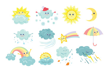 Grappige weerpictogrammen instellen geïsoleerd op een witte achtergrond. Vectorillustratie van zon, regen, storm, sneeuw, wind, maan, ster met regenboogstaart, regenboog, paraplu in cartoon eenvoudige vlakke stijl. Leuke karakters