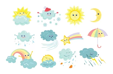Fototapete Wolken Lustige Wetterikonen stellten lokalisiert auf weißem Hintergrund ein. Vektorillustration von Sonne, Regen, Sturm, Schnee, Wind, Mond, Stern mit Regenbogenschwanz, Regenbogen, Regenschirm im einfachen flachen Stil der Karikatur. Süße Charaktere
