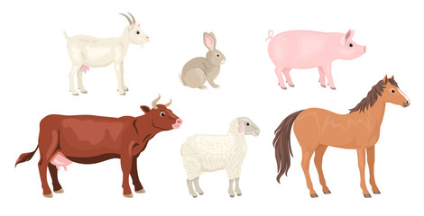 Farm animals set isolated on white background. Vector illustration of  horse, cow, goat, sheep, pig and rabbit in cartoon simple flat style.