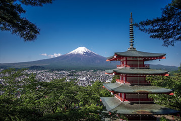 Fujiyoshida, Japan at Chureito Pagoda and Mt. Fuji in the summer