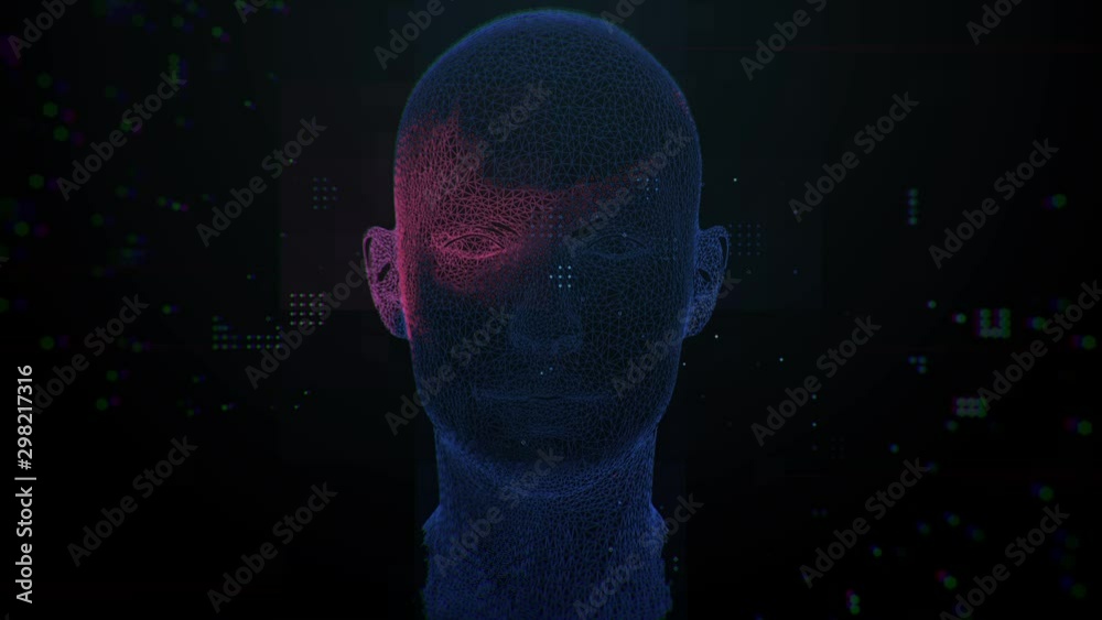 Poster 3d render concept of complex female face recognition algorithm. cyber security theme animation.