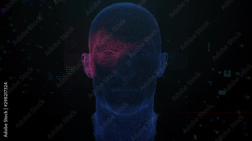 Poster 3d render concept of complex male face recognition algorithm. cyber security theme animation.