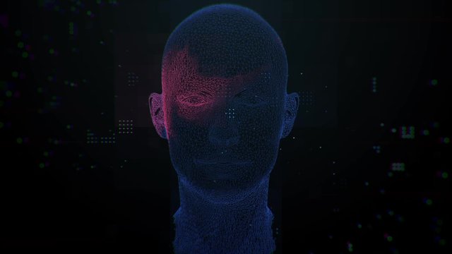 3d render concept of complex female face recognition algorithm. Cyber security theme animation.