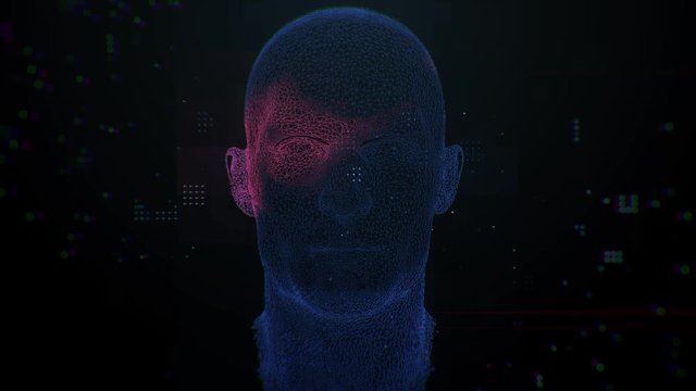 3d render concept of complex male face recognition algorithm. Cyber security theme animation.