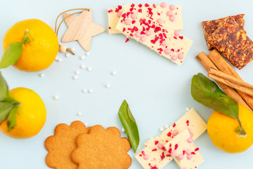 cozy winter coffee break - ginger cookies, chocolate, cinnamon, tangerines