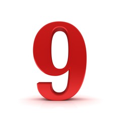 9 number red 3d nine sign rendering isolated on white