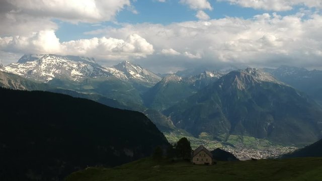 Drone sweep shot from Blatten bei Naters, Switzerland. Flying towards the Lepontine Alps.