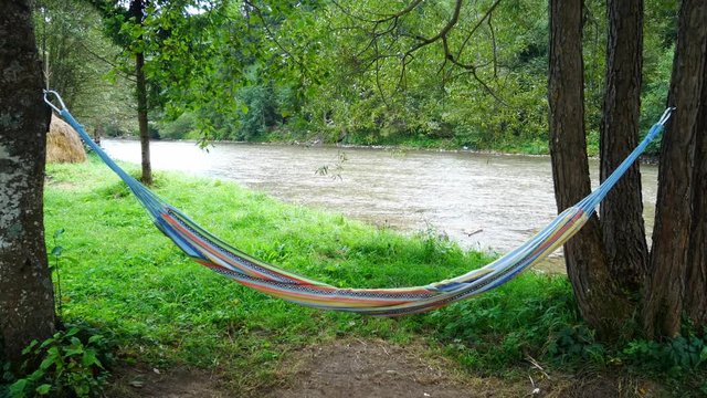 Tilt up shot of a hammock in front of a large and nice river surrounded by deep forest.
