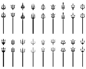 Set of trident, black silhouettes on a white background
