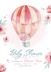 Baby shower kid balloon watercolor girl design cartoon elements. Set of baby pink birthday balloon toy dress illustration. Newborn party set invitation - obrazy, fototapety, plakaty