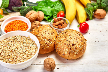 High Fiber Foods on white wooden background, Healthy balanced dieting concept. Top view, flat lay,...