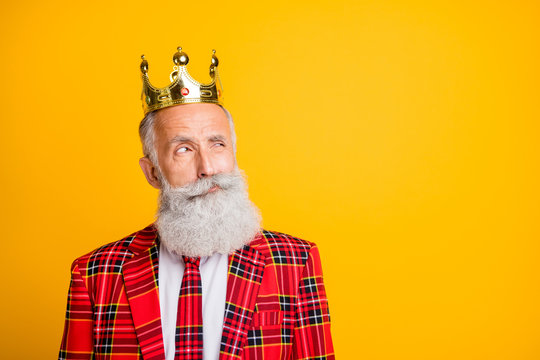 Close up photo of cool look grandpa white beard vip person looking distrustful empty space wear crown tartan red blazer tie clothes isolated yellow color background
