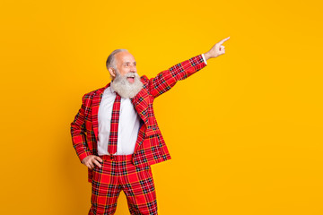 Portrait of his he nice handsome attractive cheerful cheery glad funky gray-haired man celebrating having fun dancing isolated over bright vivid shine vibrant yellow color background