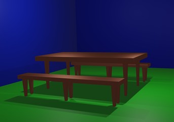 3d brown table and long chair on green floor blue wall background . 3D render