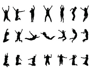 Silhouettes of  jumping people on a black background