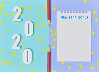 2020 new year goals on blank paper with yellow stars and pencils. abstract background. 3d rendering