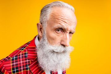 I think you are liar. Closeup photo of cool grandpa guy stylish long beard have doubts looking suspicious wear tartan blazer outfit isolated yellow color background - obrazy, fototapety, plakaty