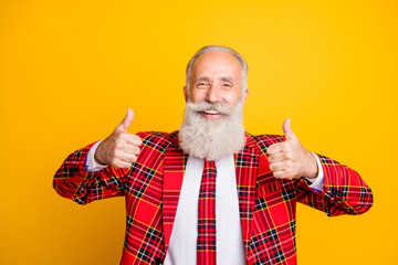 Nice job. Photo of cool look grandpa guy stylish beard raising thumbs up expressing agreement wear...