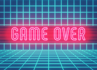 Game Over text with glowing neon lights. abstract futuristic background for banners, poster and presentations. 3d rendering